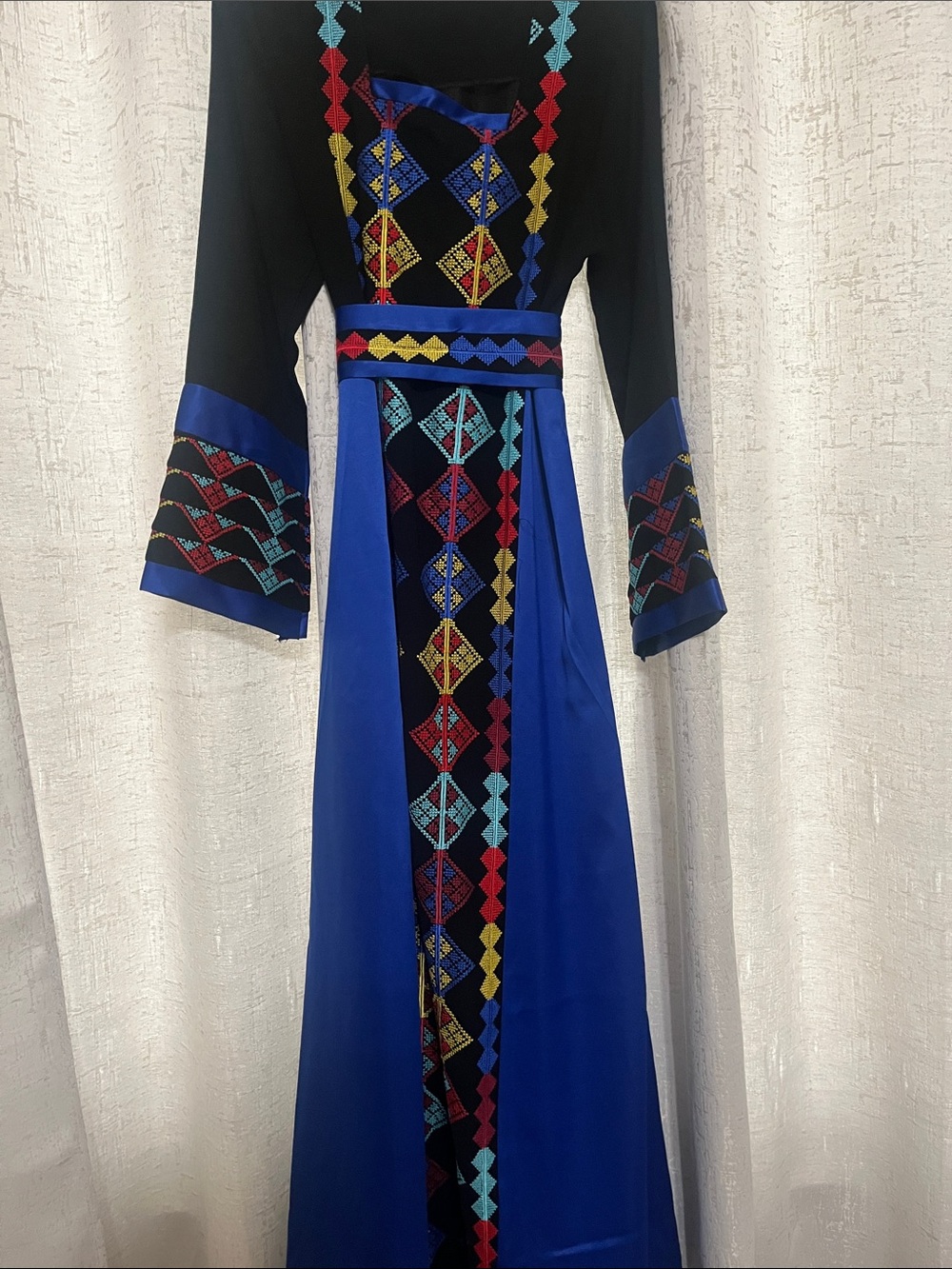Embroidered Blue Maxi Dress with Geometric Accents